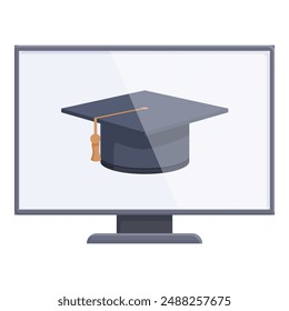 Modern flat design illustration of virtual graduation ceremony concept with students in academic attire and mortarboard caps celebrating academic achievement and success in an online educational envir