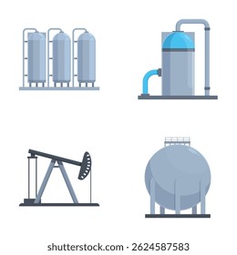 Design plano moderno ícone de equipamento industrial conjunto para a indústria de petróleo e gás ilustração vetorial com tanques de armazenamento, tratamento de água, derrick de óleo e elementos de tecnologia de máquinas