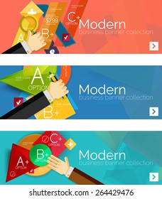 Modern flat design infographic banners. Infographics, geometric shapes with hands