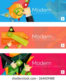 Modern flat design infographic banners. Infographics, geometric shapes with hands