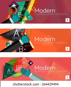Modern flat design infographic banners. Infographics, geometric shapes with hands
