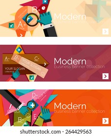 Banderas de infografía modernas de diseño plano. Infografía, formas geométricas con manos