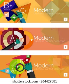 Banderas de infografía modernas de diseño plano. Infografía, formas geométricas con manos
