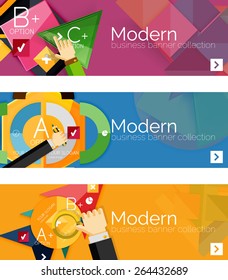 Banners infográficos modernos de design plano. Infográficos, formas geométricas com as mãos