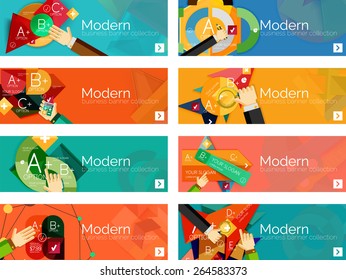 Banderas de infografía modernas de diseño plano. Infografía, formas geométricas con manos