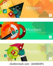 Banderas de infografía modernas de diseño plano. Infografía, formas geométricas con manos