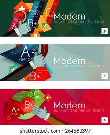 Banderas de infografía modernas de diseño plano. Infografía, formas geométricas con manos