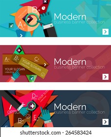 Modern flat design infographic banners. Infographics, geometric shapes with hands