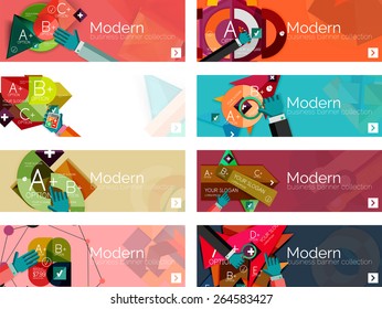 Modern flat design infographic banners. Infographics, geometric shapes with hands