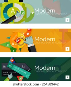 Banderas de infografía modernas de diseño plano. Infografía, formas geométricas con manos