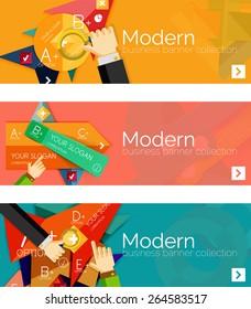 Banderas de infografía modernas de diseño plano. Infografía, formas geométricas con manos