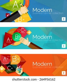 Modern flat design infographic banners. Infographics, geometric shapes with hands