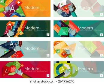 Banderas de infografía modernas de diseño plano. Infografía, formas geométricas con manos