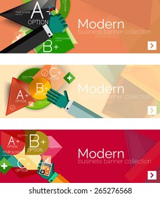 Banderas de infografía modernas de diseño plano. Infografía, formas geométricas con manos