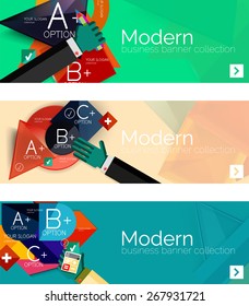 Modern flat design infographic banners. Infographics, geometric shapes with hands