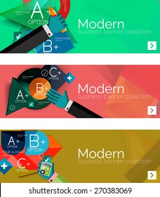Banners infográficos modernos de design plano. Infográficos, formas geométricas com as mãos