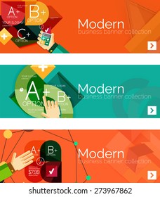 Banners infográficos modernos de design plano. Infográficos, formas geométricas com as mãos