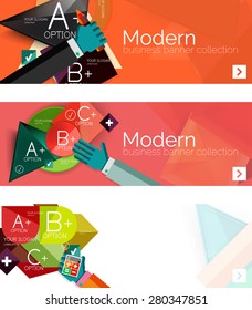 Banderas de infografía modernas de diseño plano. Infografía, formas geométricas con manos