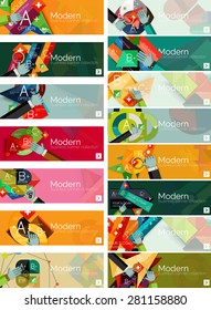 Banderas de infografía modernas de diseño plano. Infografía, formas geométricas con manos
