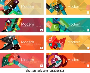 Modern flat design infographic banners. Infographics, geometric shapes with hands
