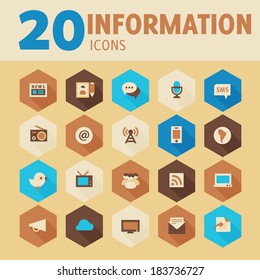 Modern flat design information icons on hexagon buttons in beige gamut, 10 eps