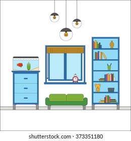 Modern flat design of Interior of a living room with chest of drawers, rack, aquarium, sofa, vintage lighting decor. Colorful vector illustration