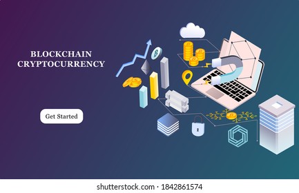 Modern flat design isometric background of blockchain and cryptocurrency for banner and website. Landing page template. Virtual cash transaction, cryptocurrency blockchain concept. Vector illustration
