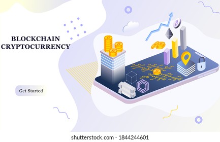 Modern flat design isometric background of blockchain and cryptocurrency for banner and website. Landing page template. Virtual cash transaction, cryptocurrency blockchain concept. Vector illustration