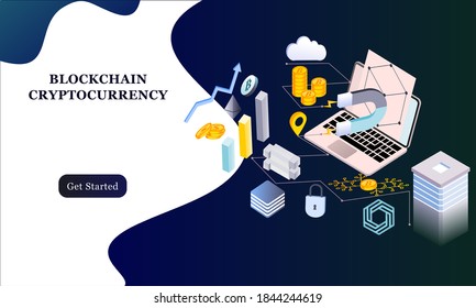 Modern flat design isometric background of blockchain and cryptocurrency for banner and website. Landing page template. Virtual cash transaction, cryptocurrency blockchain concept. Vector illustration