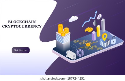 Modern flat design isometric background of blockchain and cryptocurrency for banner and website. Landing page template. Virtual cash transaction, cryptocurrency blockchain concept. Vector illustration