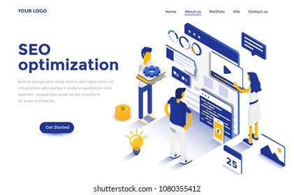 Modern flat design isometric concept of Seo Optimization for website and mobile website. Landing page template. Easy to edit and customize. Vector illustration