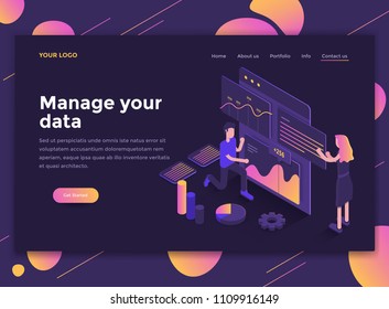 Modern flat design isometric concept of Manage your data for website and mobile website. Landing page template, dark theme. Easy to edit and customize. Vector illustration