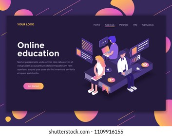 Modern flat design isometric concept of Online Education for website and mobile website. Landing page template, dark theme. Easy to edit and customize. Vector illustration