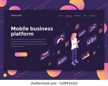 Modern Flat Design Isometric Concept Of Mobile Business Platform For Website And Mobile Website. Landing Page Template, Dark Theme. Easy To Edit And Customize. Vector Illustration