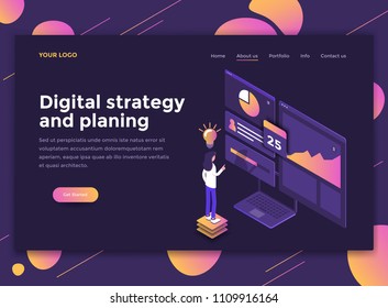 Modern flat design isometric concept of Digital Strategy and Planing for website and mobile website. Landing page template, dark theme. Easy to edit and customize. Vector illustration