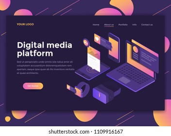 Modern Flat Design Isometric Concept Of Digital Media Platform For Website And Mobile Website. Landing Page Template, Dark Theme. Easy To Edit And Customize. Vector Illustration