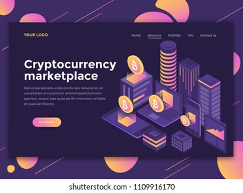 Modern flat design isometric concept of Cryptocurrency Marketplace for website and mobile website. Landing page template, dark theme. Easy to edit and customize. Vector illustration