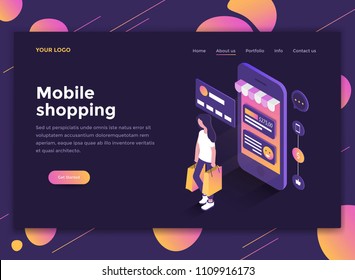 Modern flat design isometric concept of Mobile Shopping for website and mobile website. Landing page template, dark theme. Easy to edit and customize. Vector illustration