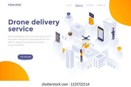 Modern flat design isometric concept of Drone delivery service for website and mobile website. Landing page template. Easy to edit and customize. Vector illustration