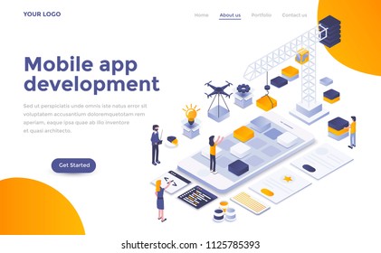 Modern Flat Design Isometric Concept Of Mobile App Development For Website And Mobile Website. Landing Page Template. Easy To Edit And Customize. Vector Illustration