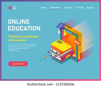 Modern flat design isometric concept of Online Education for website and mobile website. Landing page template. Easy to edit and customize. Webinar, business training vector illustration.