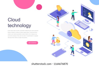 Modern Flat Design Isometric Concept Of Cloud Technology For Banner And Website. Landing Page Template. Data Center, Software Solutions To Share Informations On Digital Network. Vector Illustration.