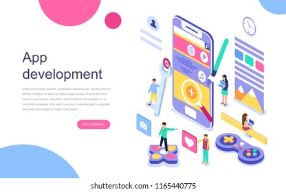 Modern flat design isometric concept of App Development for banner and website. Landing page template. Mobile application, user and developer group. Vector illustration.