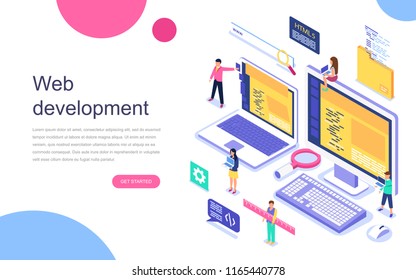 Modern flat design isometric concept of Web Development for banner and website. Landing page template. Teamwork project, web agency and new company project. Vector illustration.