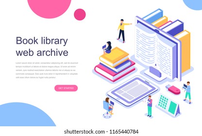 Modern Flat Design Isometric Concept Of Book Library For Banner And Website. Landing Page Template. Technology And Literature, Digital Culture On Media Library. Vector Illustration.