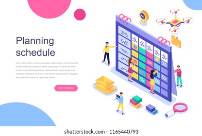 Modern flat design isometric concept of Planning Schedule for banner and website. Landing page template. Team of businessmen are constructing business plan. Vector illustration.