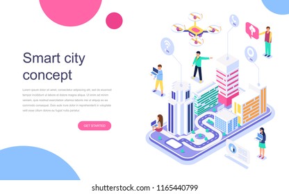 Modern Flat Design Isometric Concept Of Smart City For Banner And Website. Landing Page Template. Business Center With Skyscrapers, Streets Of The City Connected Roads. Vector Illustration.