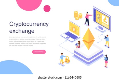 Modern flat design isometric concept of Cryptocurrency Exchange for banner and website. Landing page template. Virtual cash transaction, cryptocurrency blockchain concept. Vector illustration.