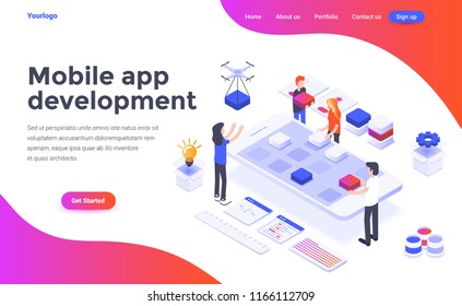 Modern Flat Design Isometric Concept Of Mobile App Development For Website And Mobile Website. Landing Page Template. Easy To Edit And Customize. Vector Illustration