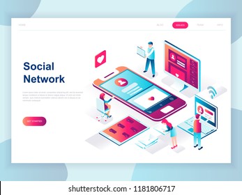 Modern flat design isometric concept of Social Network for banner and website. Isometric landing page template. Virtual communication and media sharing. Vector illustration.